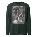 Boston Terrier Bigfoot Chase – Funny Sasquatch Dog Graphic Unisex Long Sleeve Tee . Heather Forest