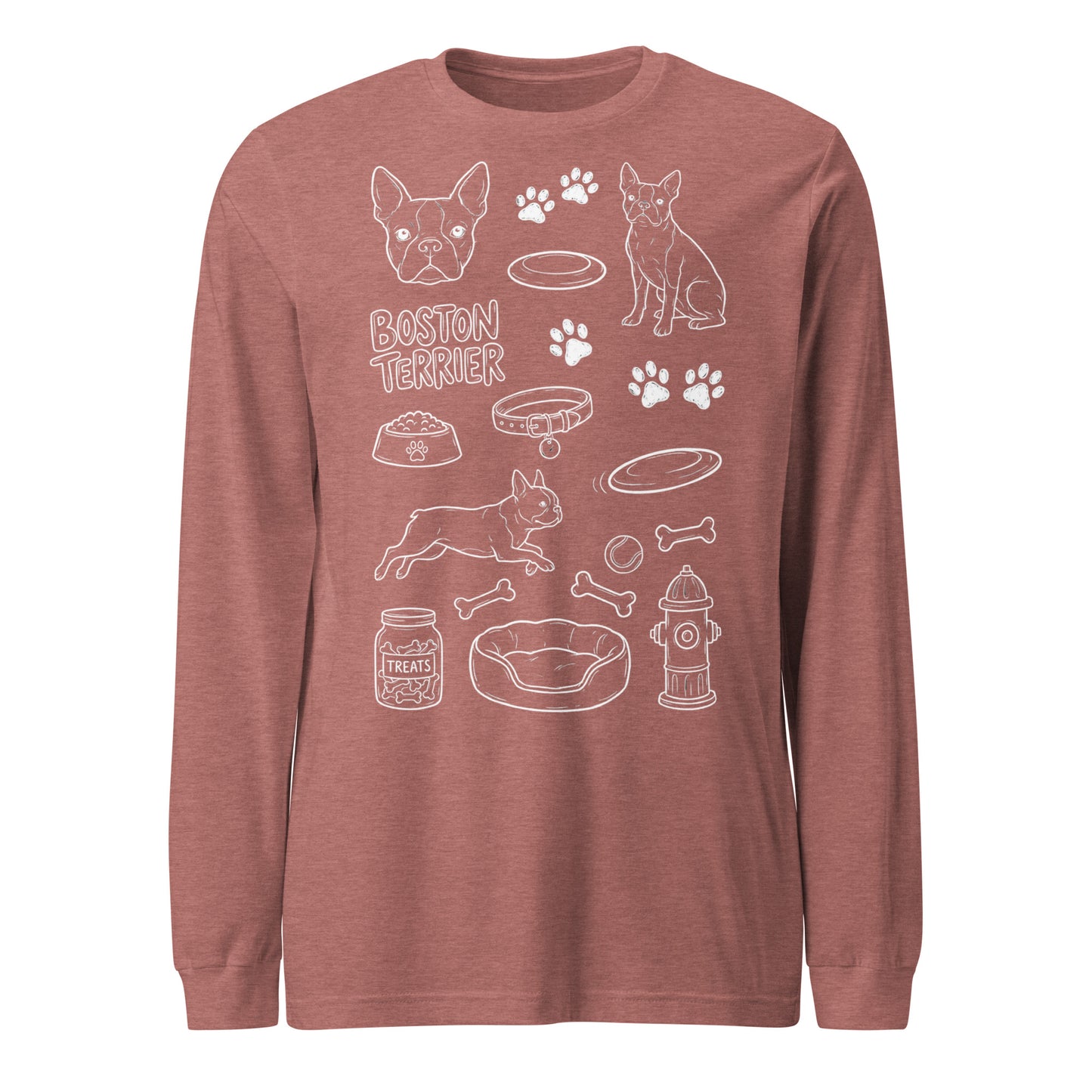 Boston Terrier Doodle Dog Lover Unisex Long Sleeve Tee . Heather Mauve