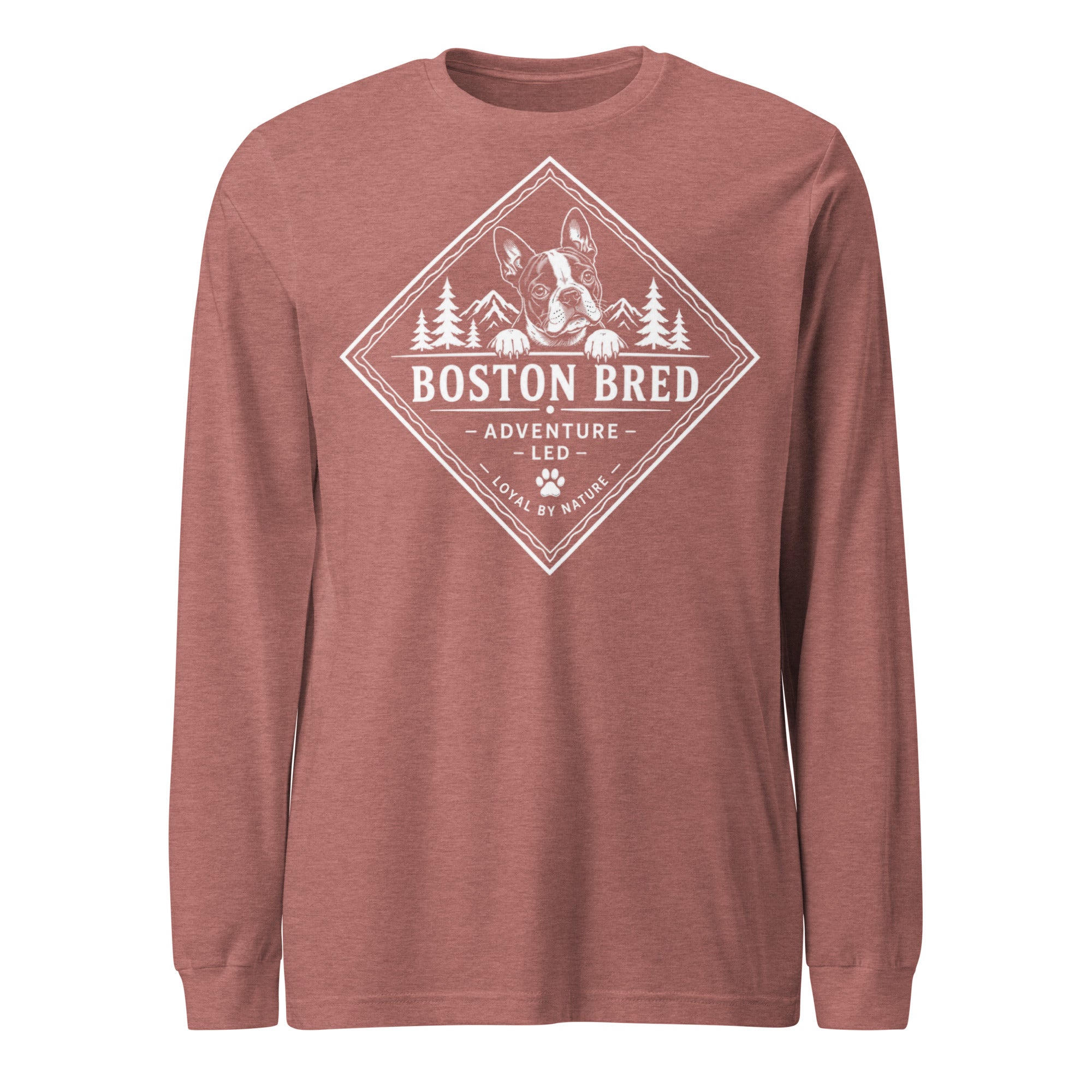 Boston Bred Adventure Led – Outdoor And Hiking Dog Lover Unisex Long Sleeve Tee . Heather Mauve