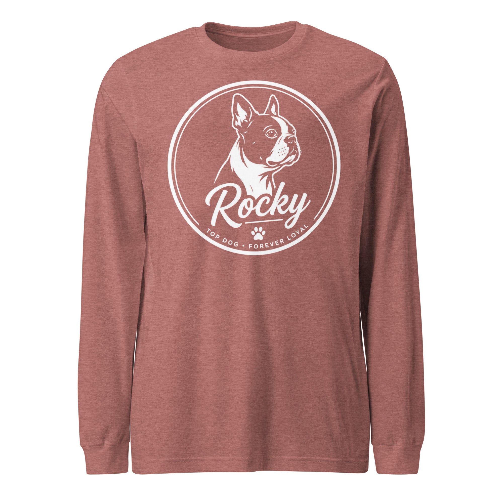 Personalized Dog Silhouette Long Sleeve Tee with Custom Name & Tagline . Heather Mauve