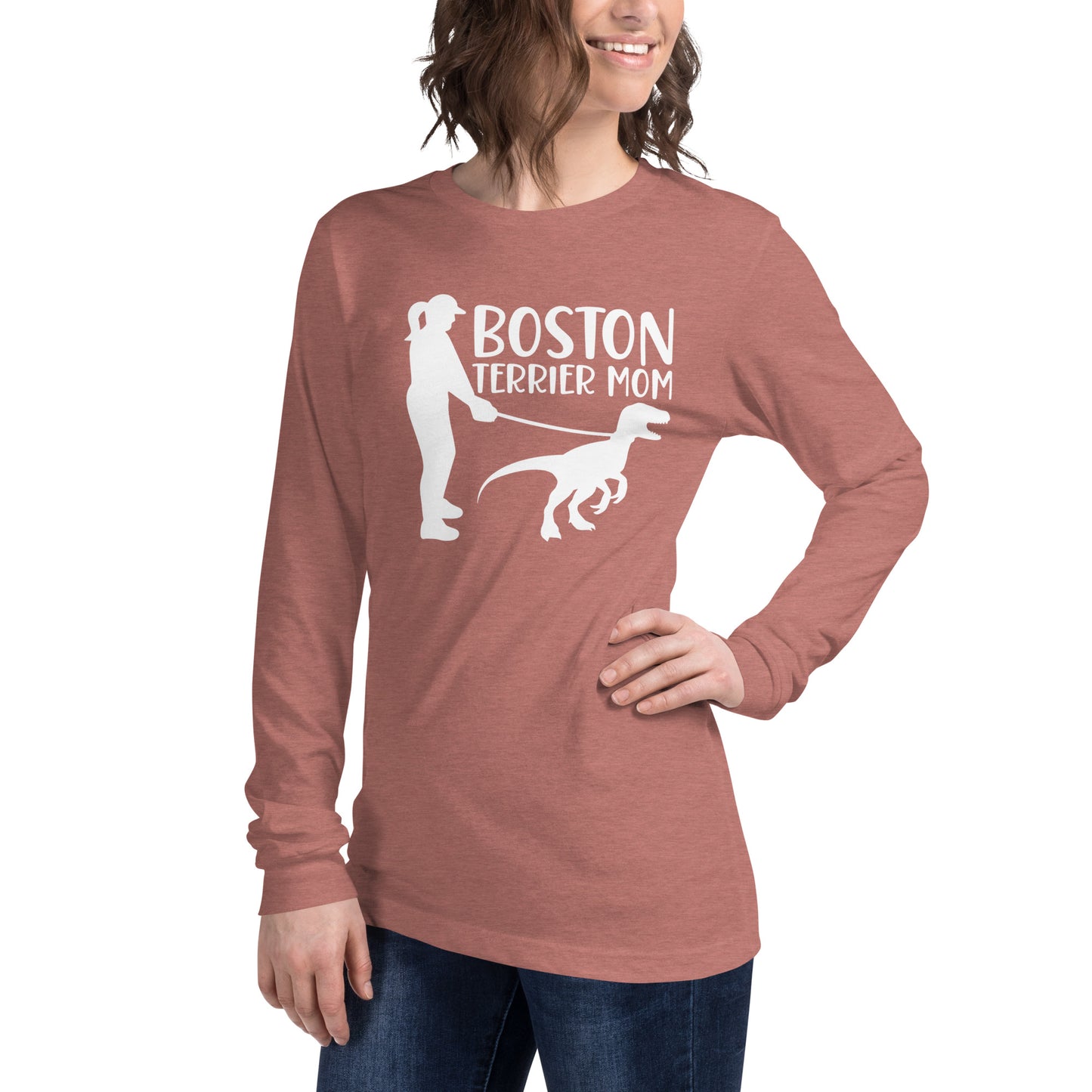 Boston Terrier Mom Dinosaur Long Sleeve Tee