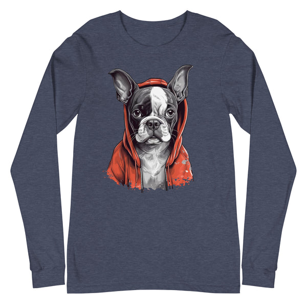 Boston Terrier in a Red Hoodie Long Sleeve Tee