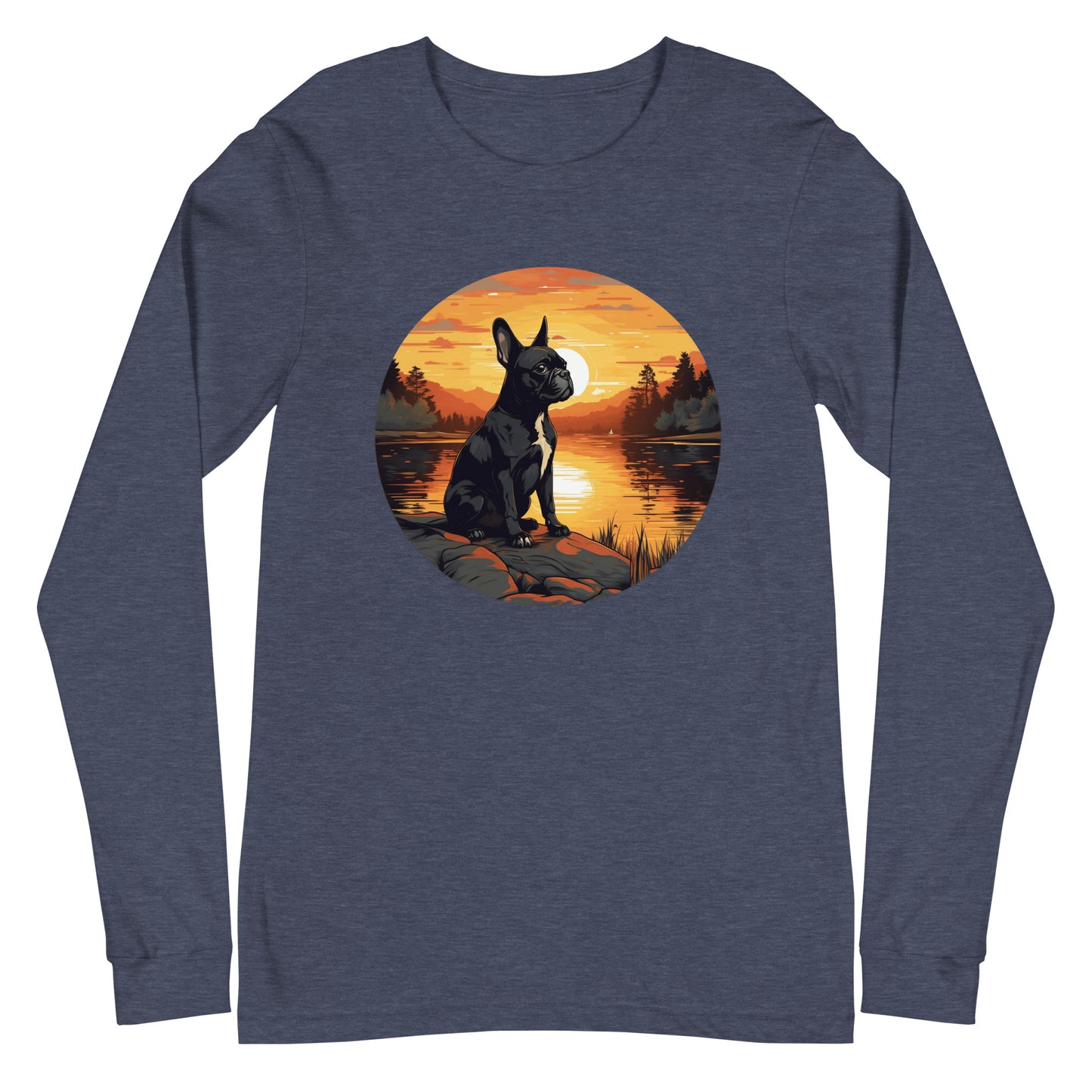 Boston Terrier Sitting By A Calm Lake Unisex Long Sleeve Tee