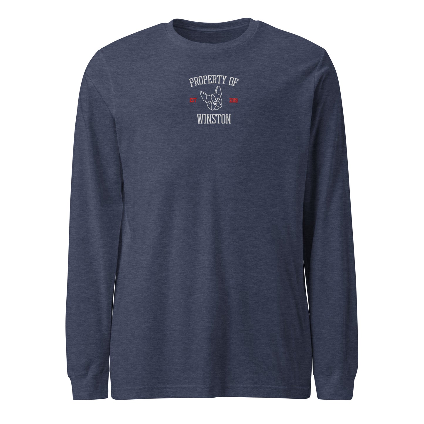 Property Of My Dog Custom Embroidered Unisex Long Sleeve Tee . Heather Navy