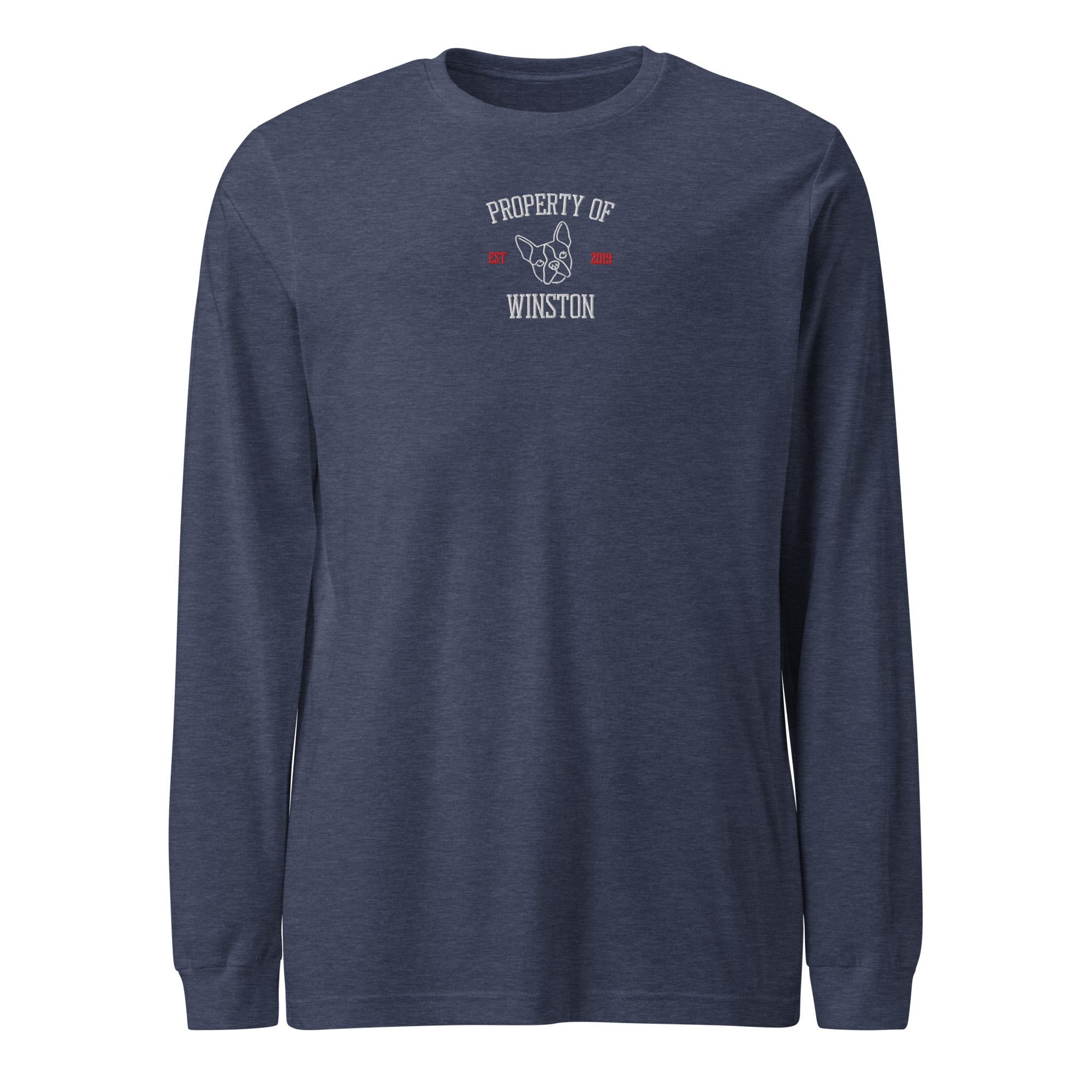 Property Of My Dog Custom Embroidered Unisex Long Sleeve Tee . Heather Navy
