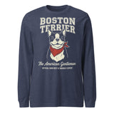 Boston Terrier “The American Gentleman” Chin Rest & Snuggle Expert Unisex Long Sleeve Tee . Heather Navy