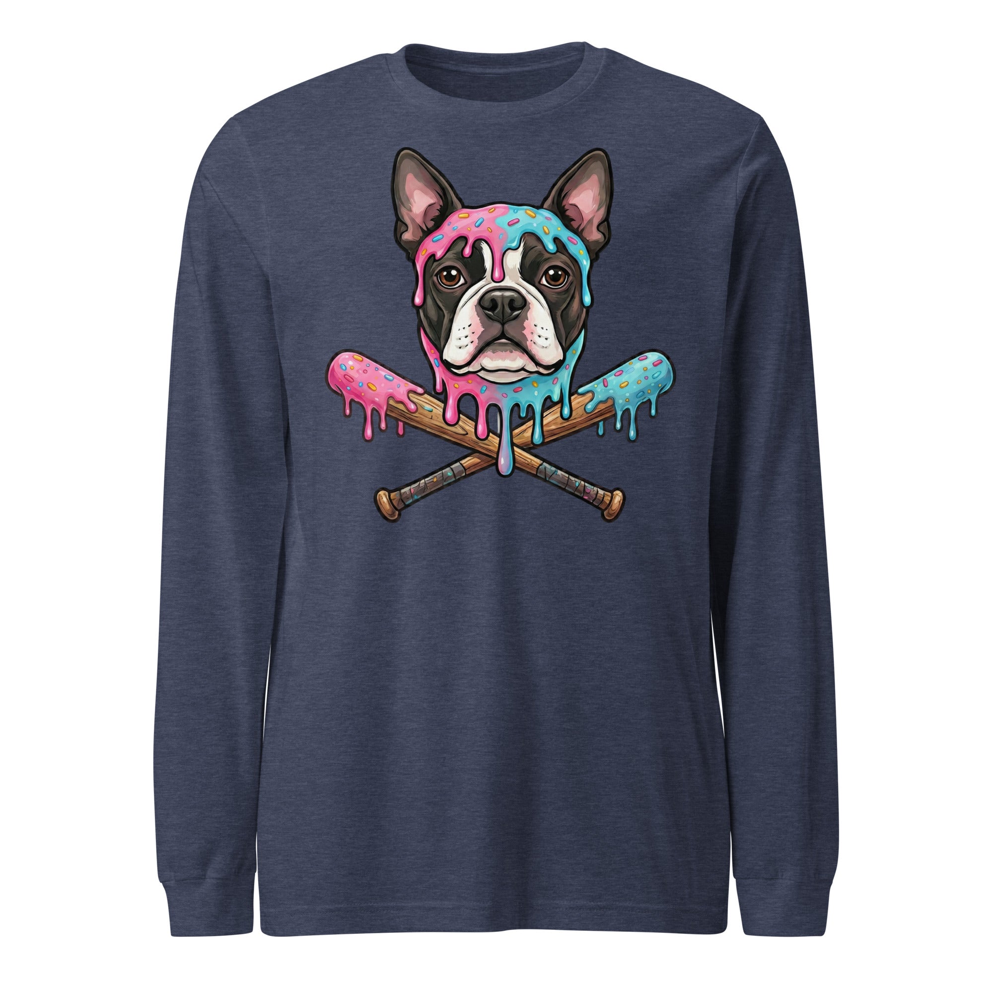 Baseball Drip Boston Terrier Dog Unisex Long Sleeve Tee . Heather Navy