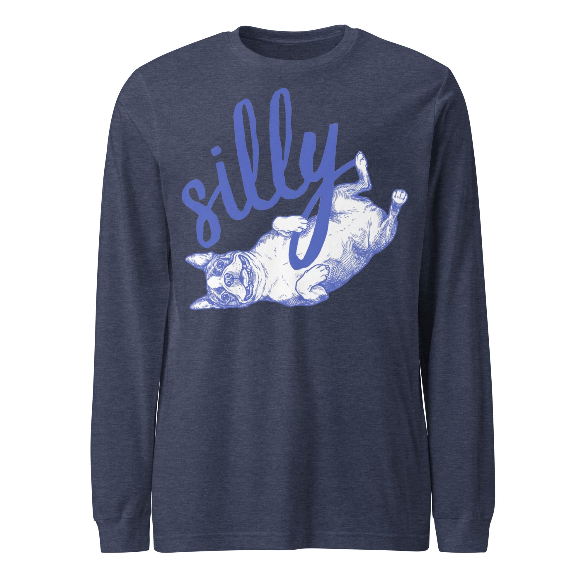 Silly Boston Terrier Dog Upside Down Unisex Long Sleeve Tee . Heather Navy