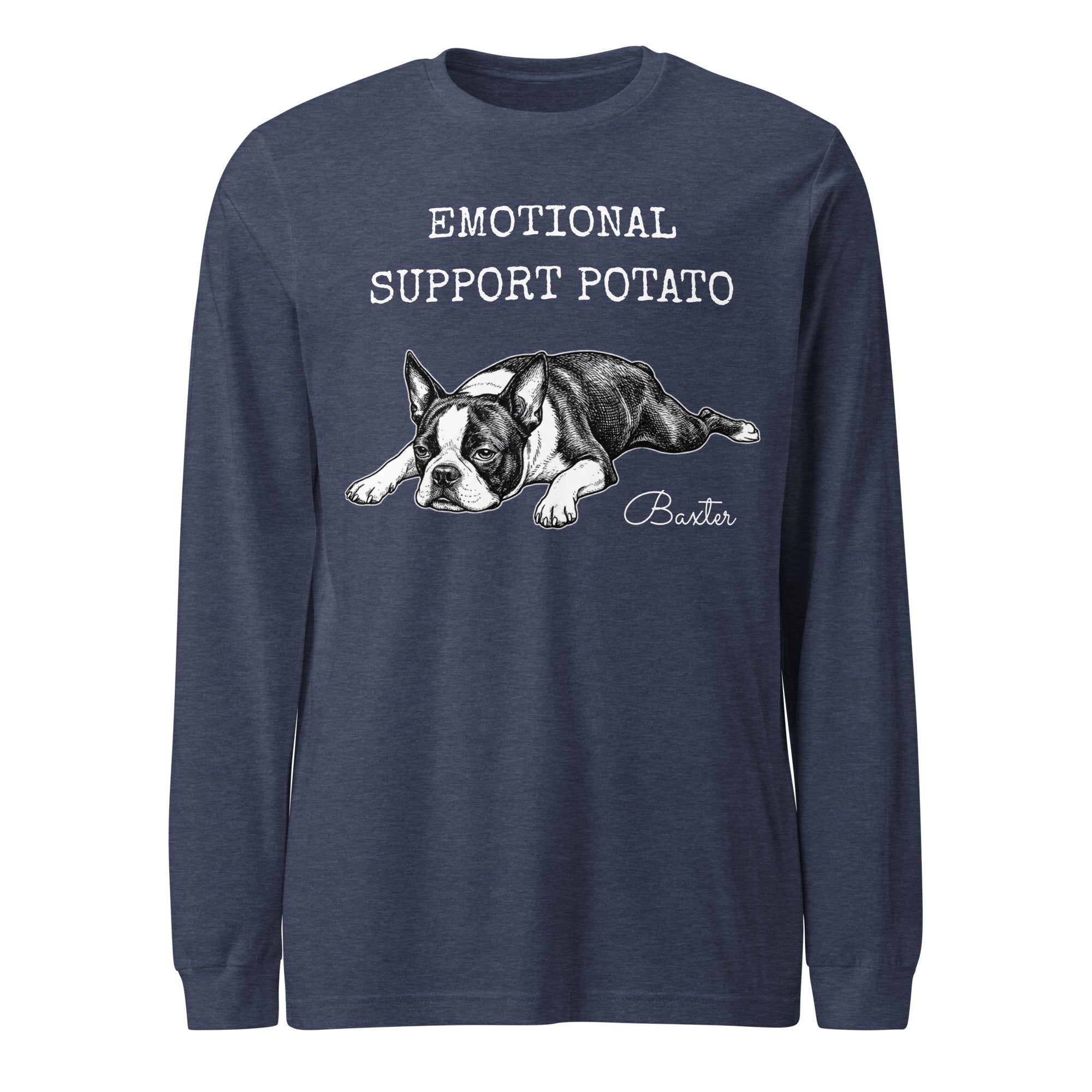 Emotional Support Potato Boston Terrier Dog Unisex Long Sleeve Tee . Heather Navy