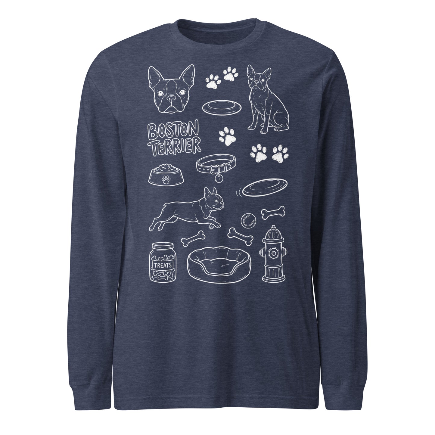 Boston Terrier Doodle Dog Lover Unisex Long Sleeve Tee . Heather Navy