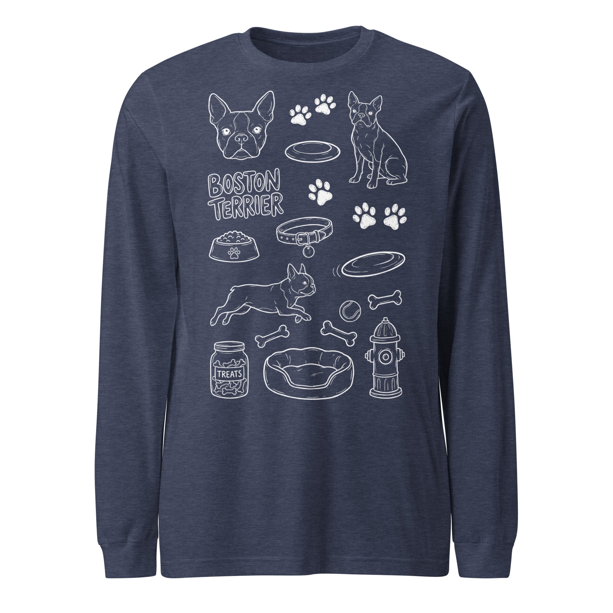 Boston Terrier Doodle Dog Lover Unisex Long Sleeve Tee . Heather Navy