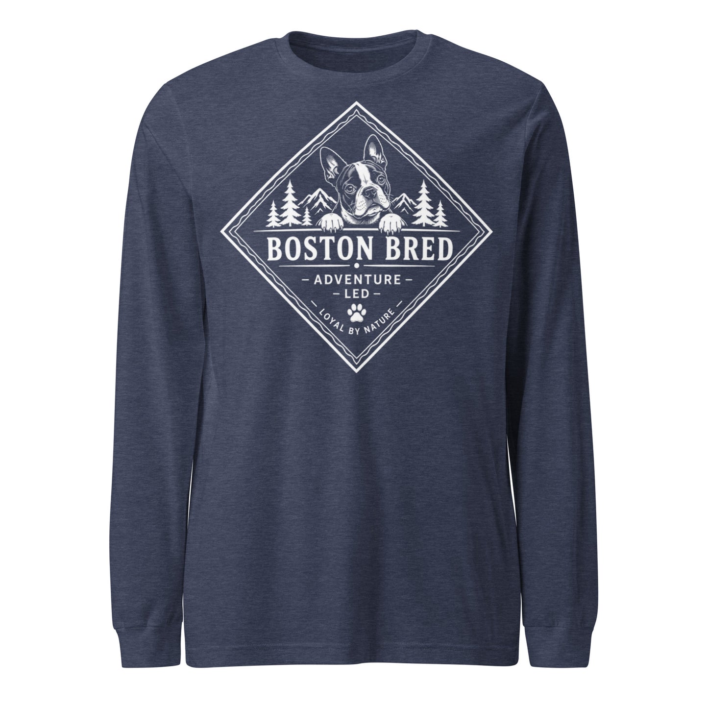 Boston Bred Adventure Led – Outdoor And Hiking Dog Lover Unisex Long Sleeve Tee . Heather Navy
