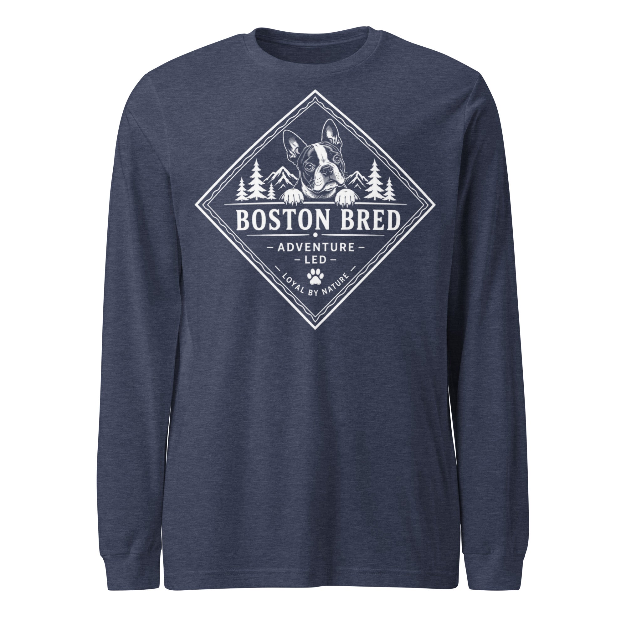 Boston Bred Adventure Led – Outdoor And Hiking Dog Lover Unisex Long Sleeve Tee . Heather Navy