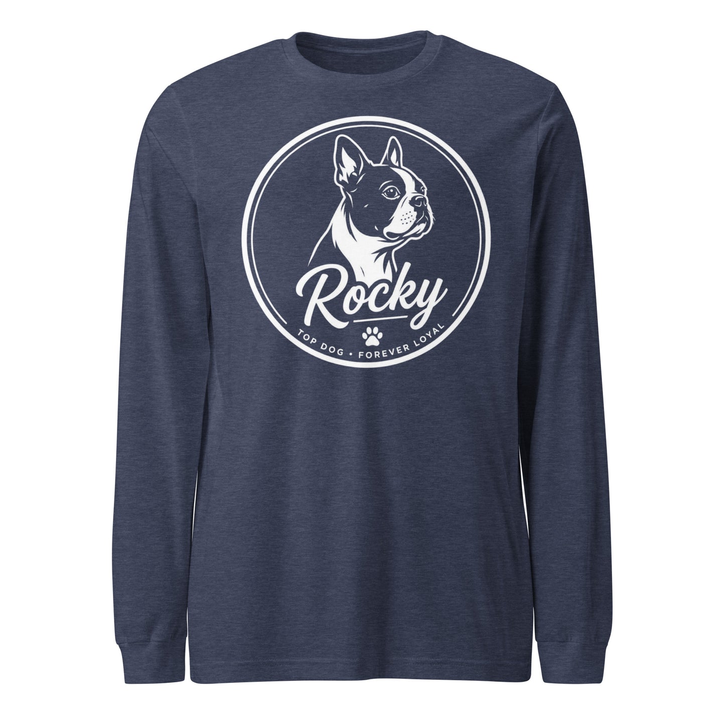 Personalized Dog Silhouette Long Sleeve Tee with Custom Name & Tagline . Heather Navy