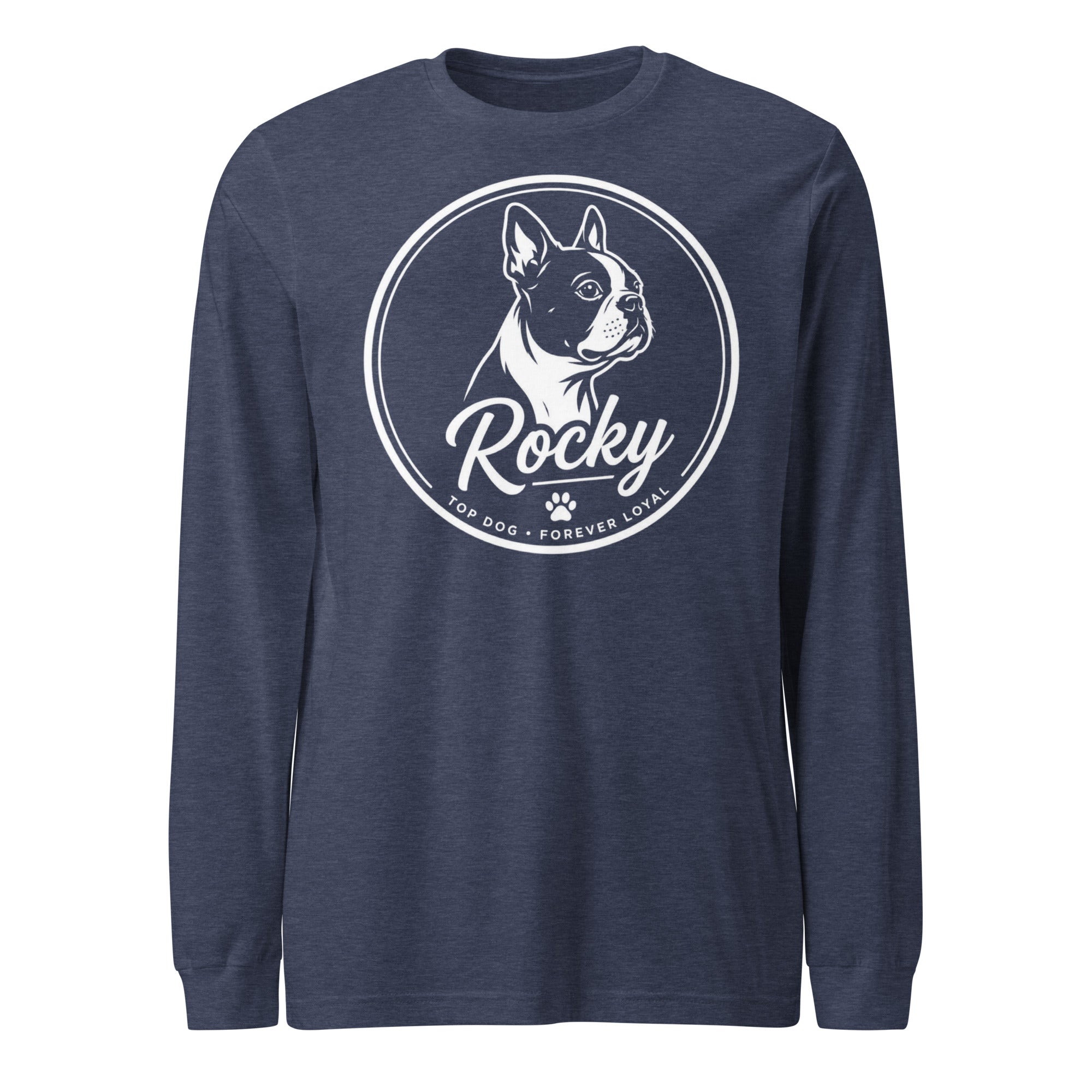 Personalized Dog Silhouette Long Sleeve Tee with Custom Name & Tagline . Heather Navy