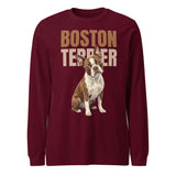 Brown Boston Terrier Dog Unisex Long Sleeve Tee . Maroon