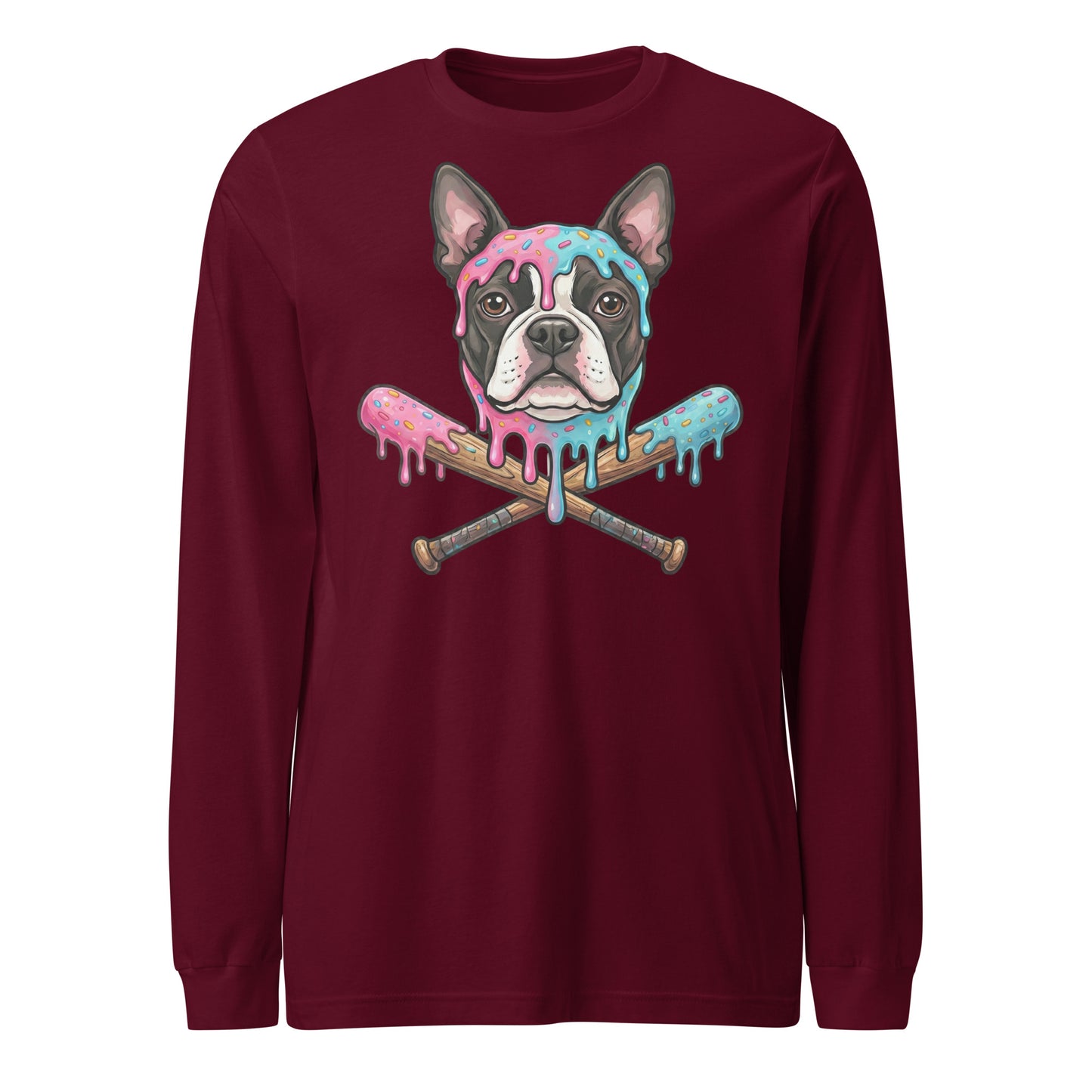 Baseball Drip Boston Terrier Dog Unisex Long Sleeve Tee . Maroon