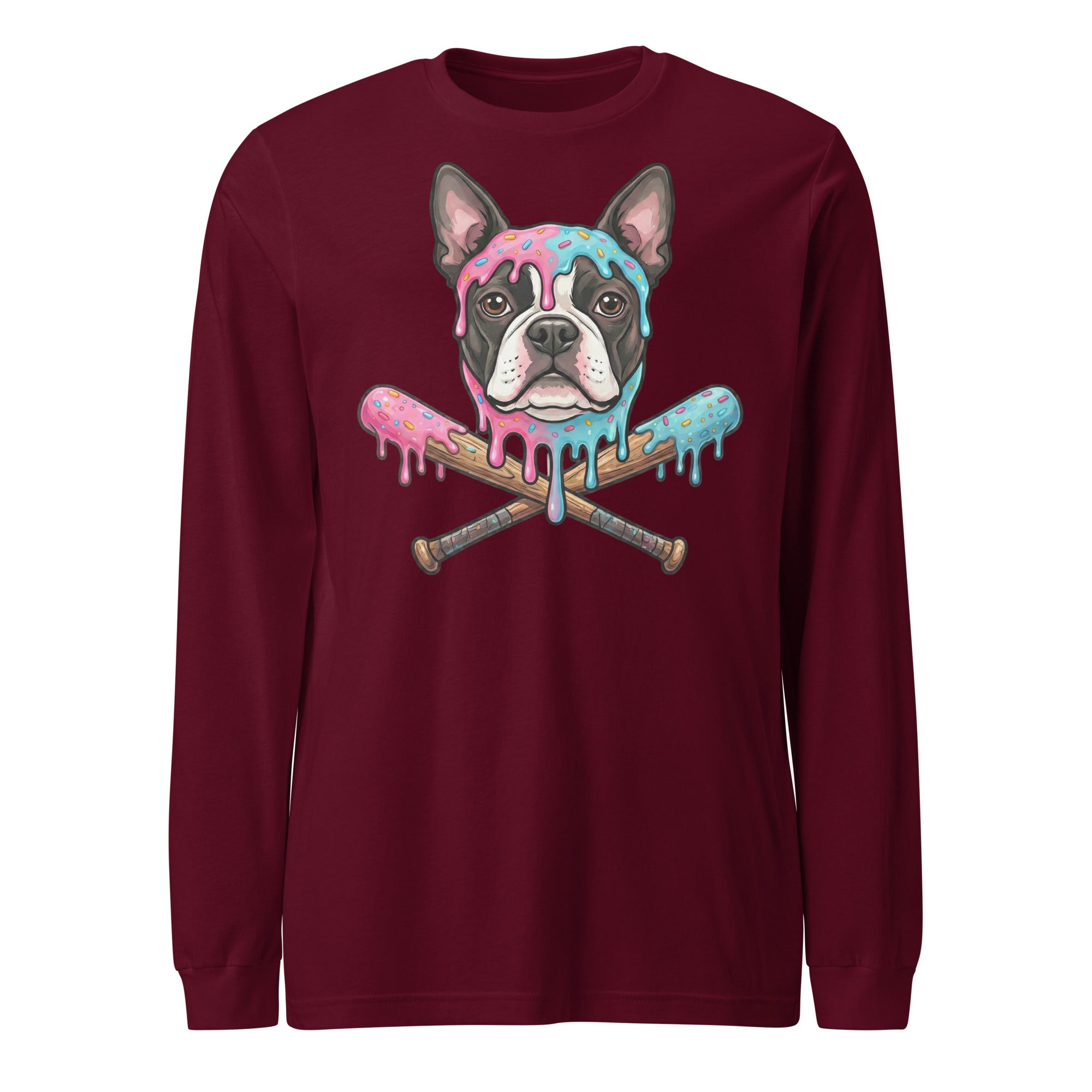 Baseball Drip Boston Terrier Dog Unisex Long Sleeve Tee . Maroon