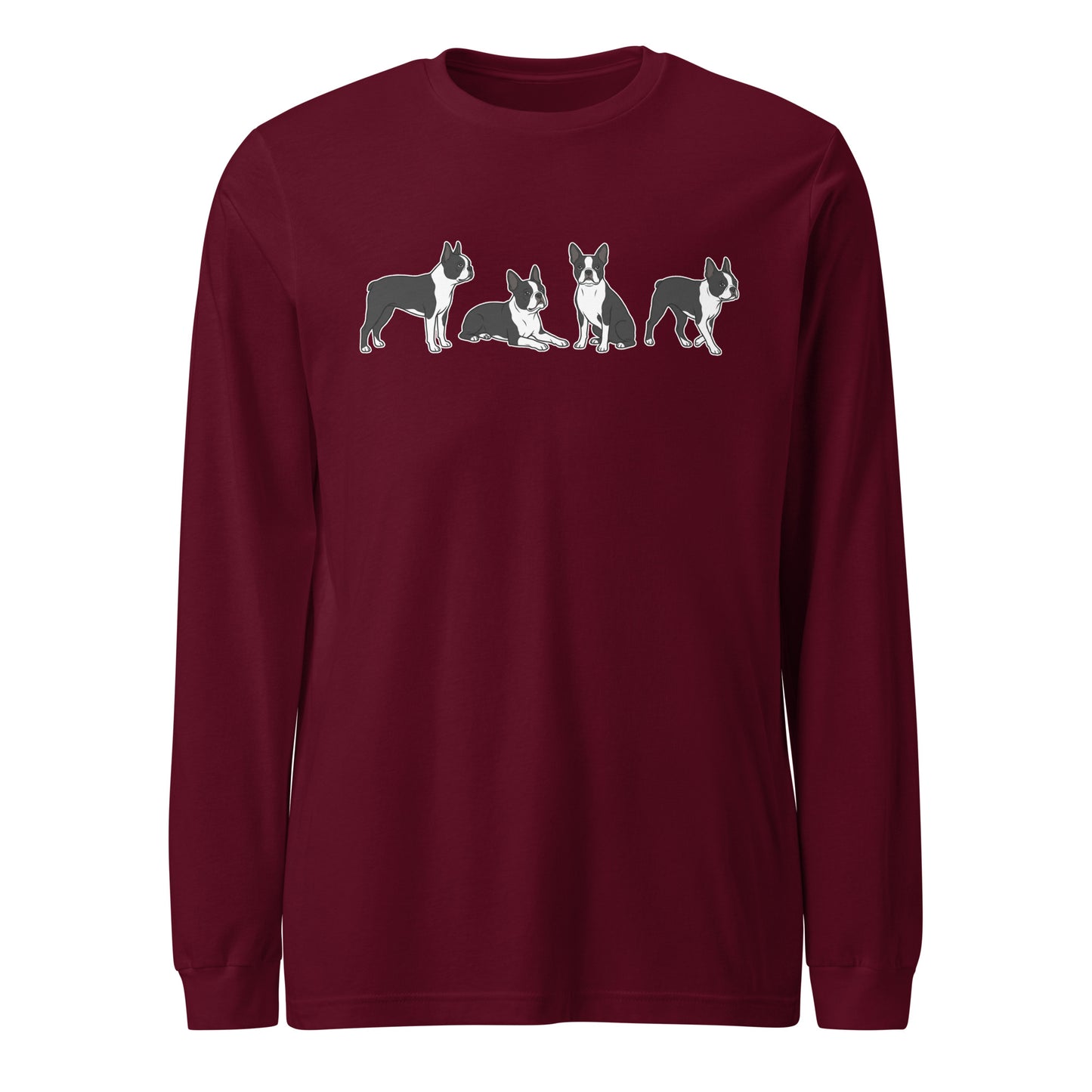 4 Boston Terrier Poses Unisex Long Sleeve Tee . Maroon