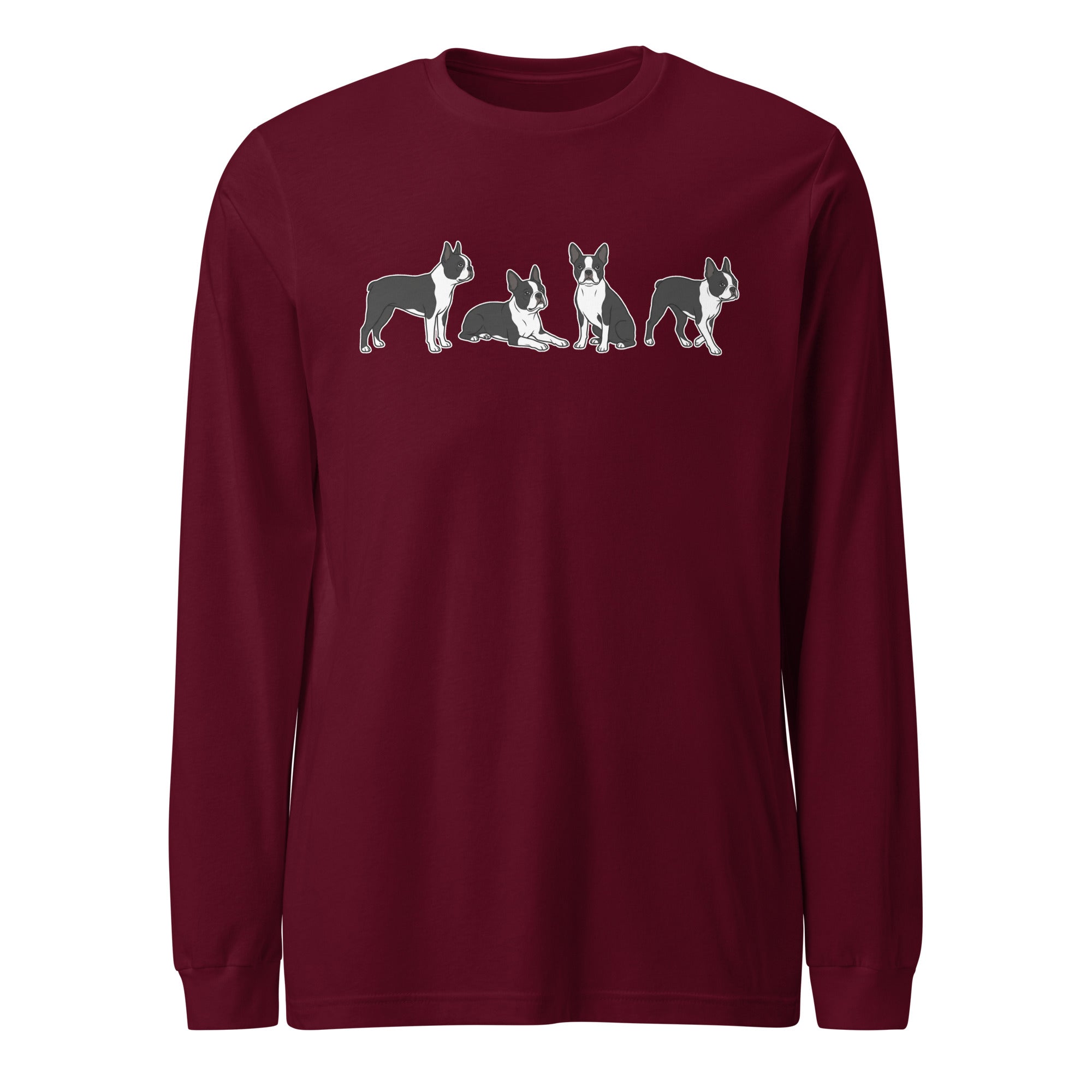 4 Boston Terrier Poses Unisex Long Sleeve Tee . Maroon