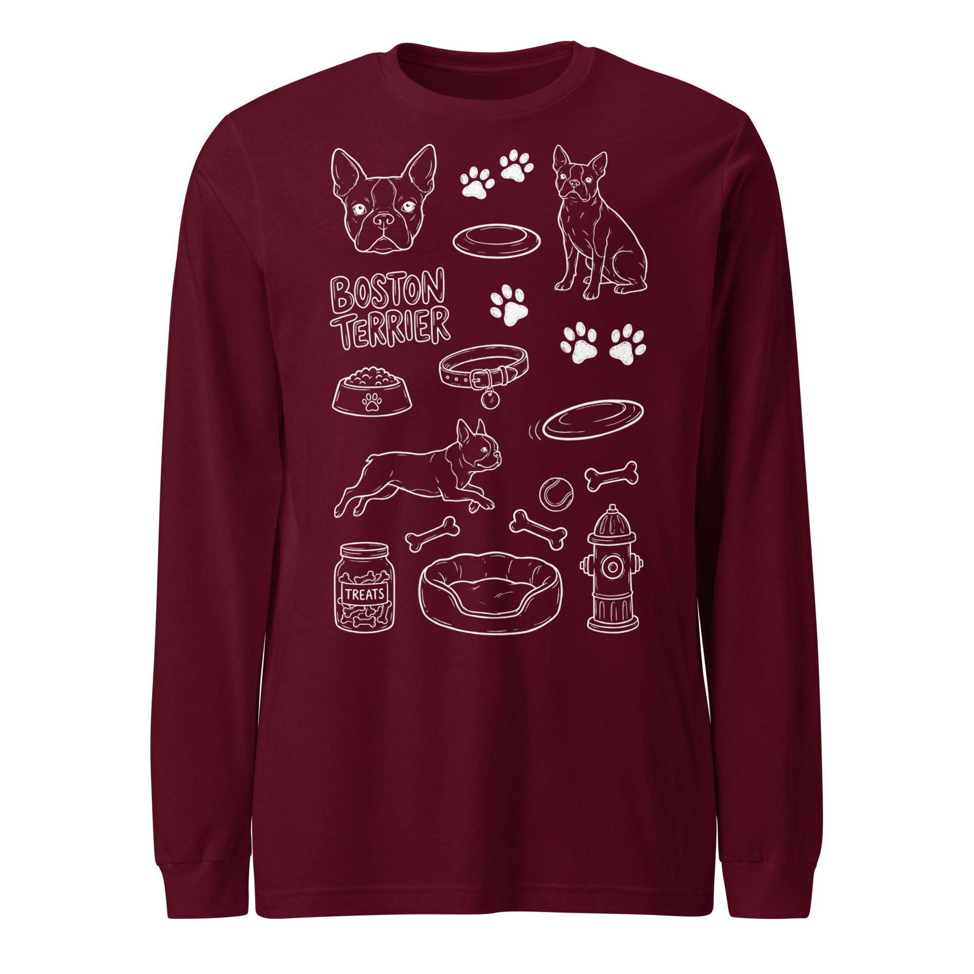 Boston Terrier Doodle Dog Lover Unisex Long Sleeve Tee . Maroon