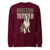 Brindle Boston Terrier Dog Unisex Long Sleeve Tee . Maroon
