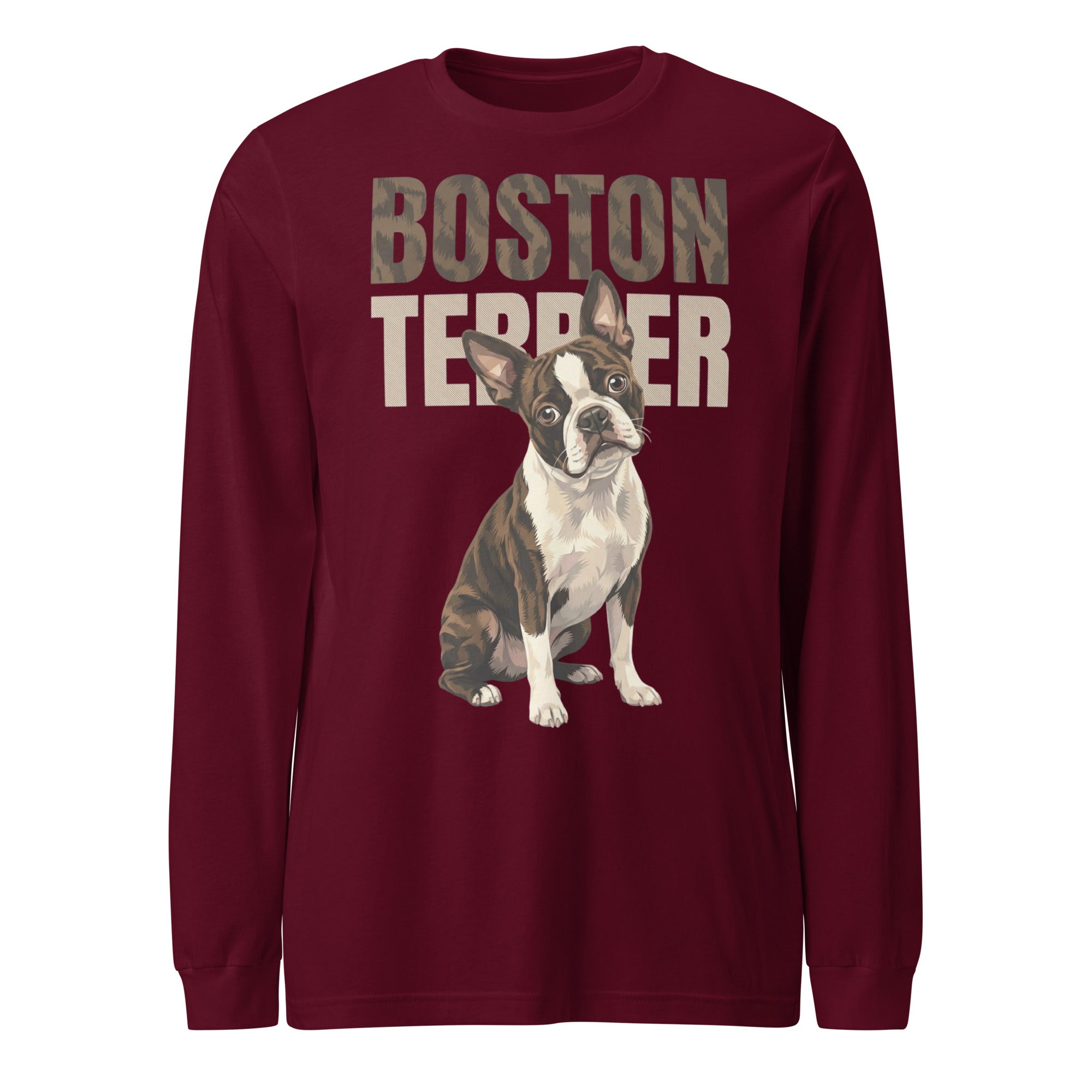 Brindle Boston Terrier Dog Unisex Long Sleeve Tee . Maroon