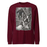 Boston Terrier Bigfoot Chase – Funny Sasquatch Dog Graphic Unisex Long Sleeve Tee . Maroon