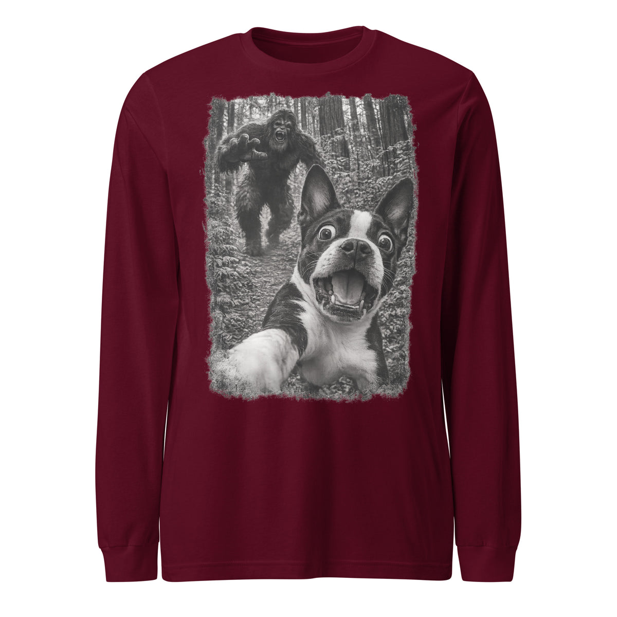 Boston Terrier Bigfoot Chase – Funny Sasquatch Dog Graphic Unisex Long Sleeve Tee . Maroon