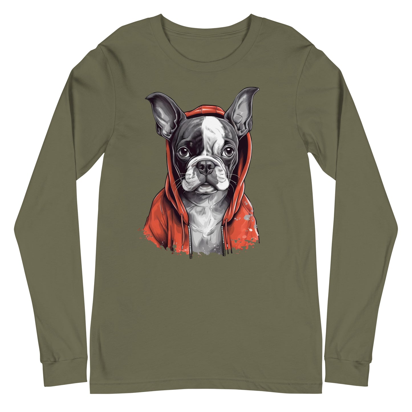 Boston Terrier in a Red Hoodie Long Sleeve Tee