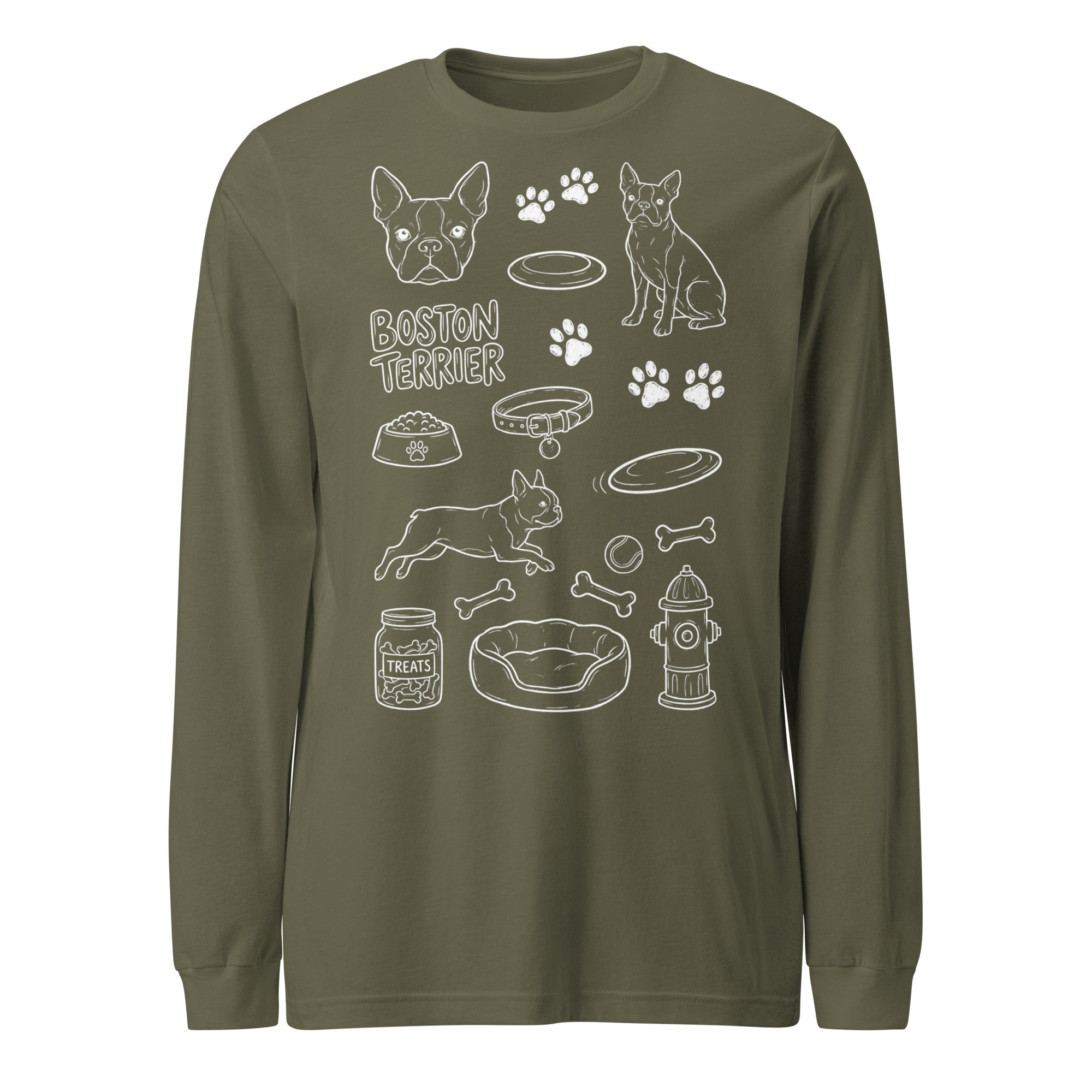 Boston Terrier Doodle Dog Lover Unisex Long Sleeve Tee . Military Green