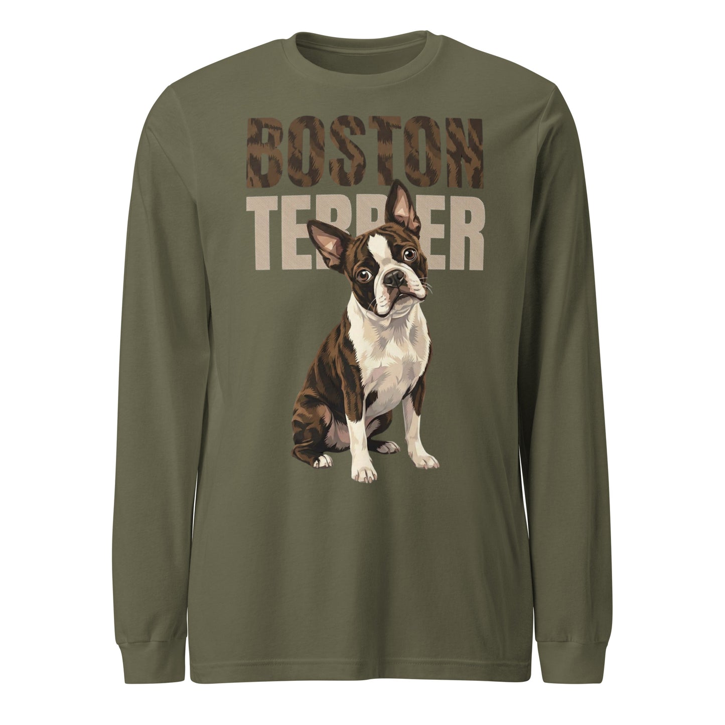 Brindle Boston Terrier Dog Unisex Long Sleeve Tee . Military Green