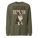 Brindle Boston Terrier Dog Unisex Long Sleeve Tee . Military Green