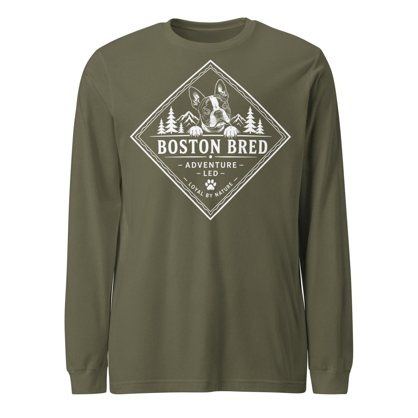 Boston Bred Adventure Led – Outdoor And Hiking Dog Lover Unisex Long Sleeve Tee . Military Green