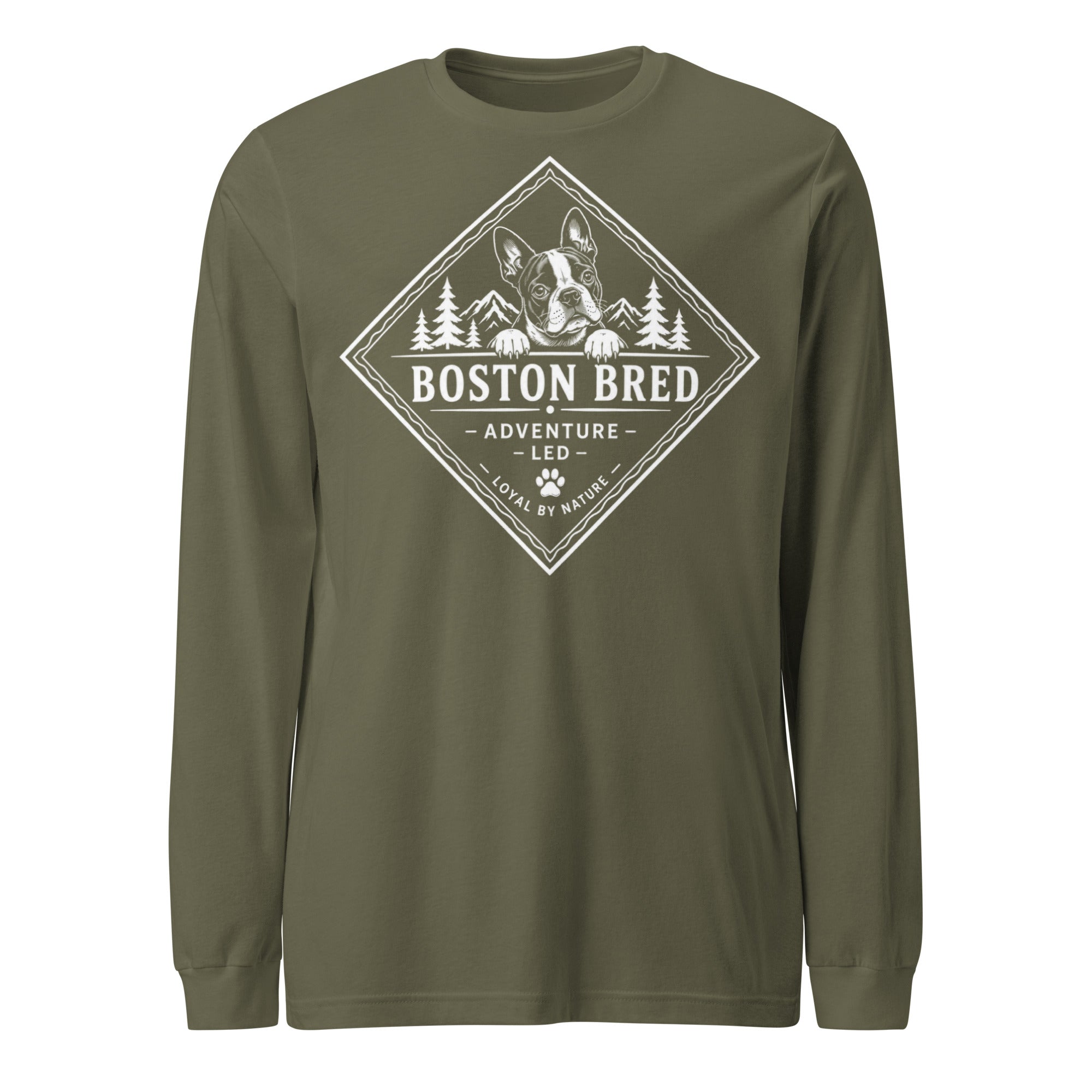 Boston Bred Adventure Led – Outdoor And Hiking Dog Lover Unisex Long Sleeve Tee . Military Green
