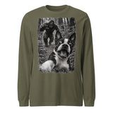 Boston Terrier Bigfoot Chase – Funny Sasquatch Dog Graphic Unisex Long Sleeve Tee . Military Green