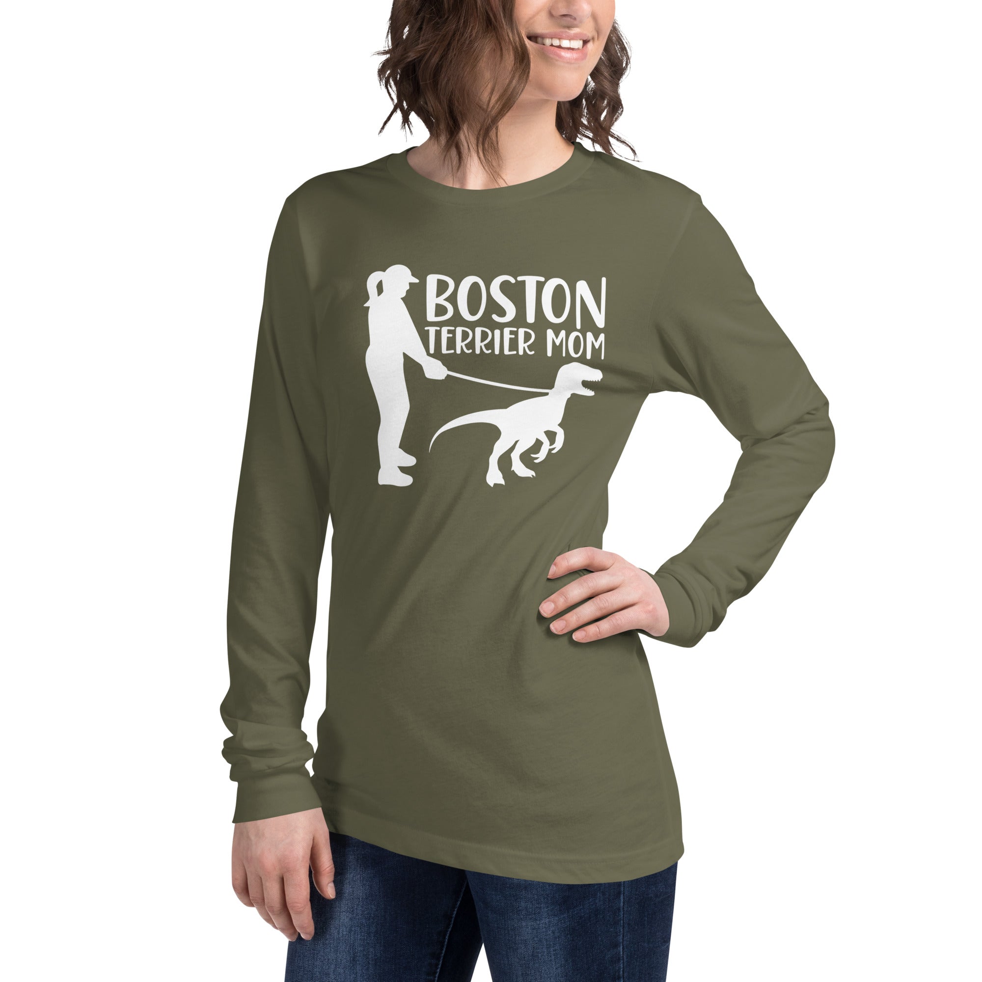 Boston Terrier Mom Dinosaur Long Sleeve Tee