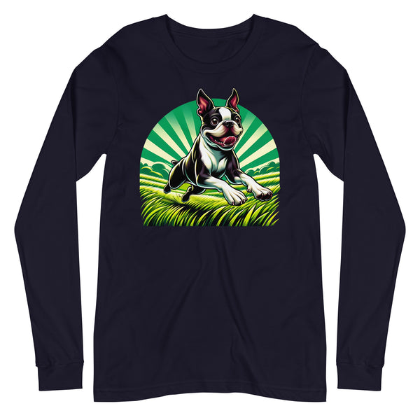 Boston Terrier Dog Running Free Unisex Long Sleeve Tee