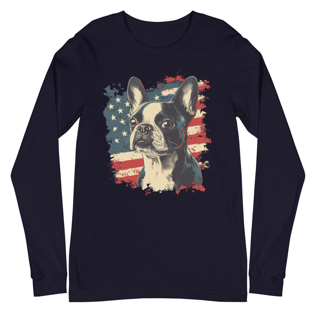 Patriotic Boston Terrier USA Flag Unisex Long Sleeve Tee