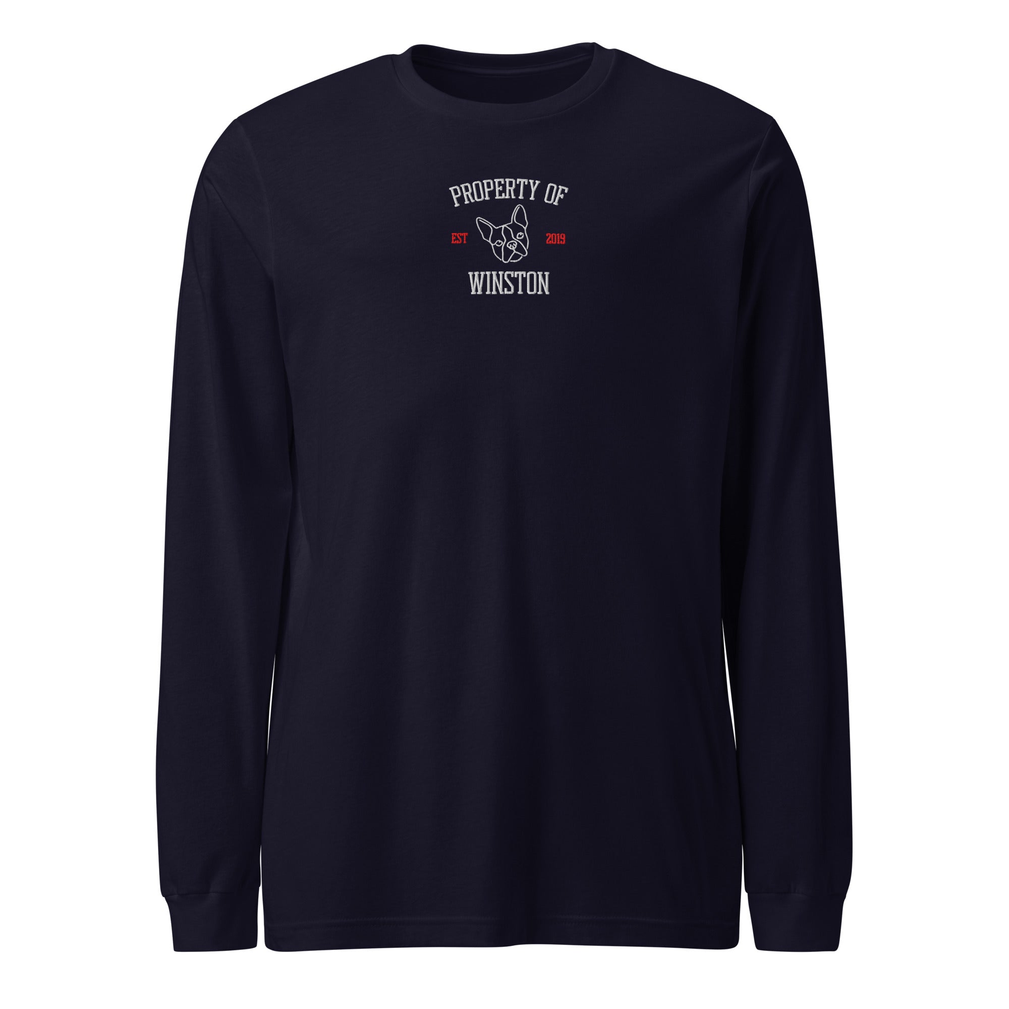 Property Of My Dog Custom Embroidered Unisex Long Sleeve Tee . Navy