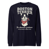 Boston Terrier “The American Gentleman” Chin Rest & Snuggle Expert Unisex Long Sleeve Tee . Navy