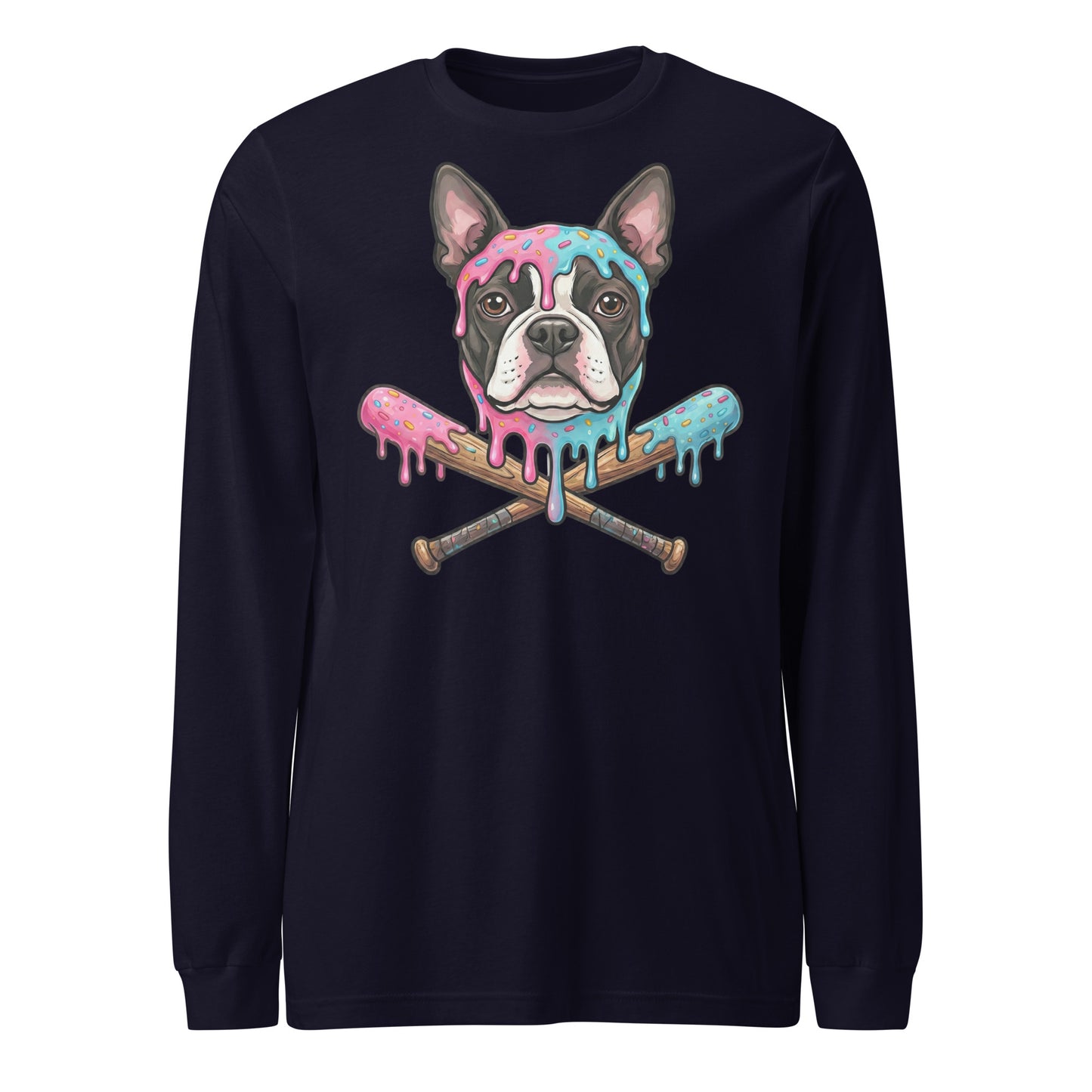Baseball Drip Boston Terrier Dog Unisex Long Sleeve Tee . Navy