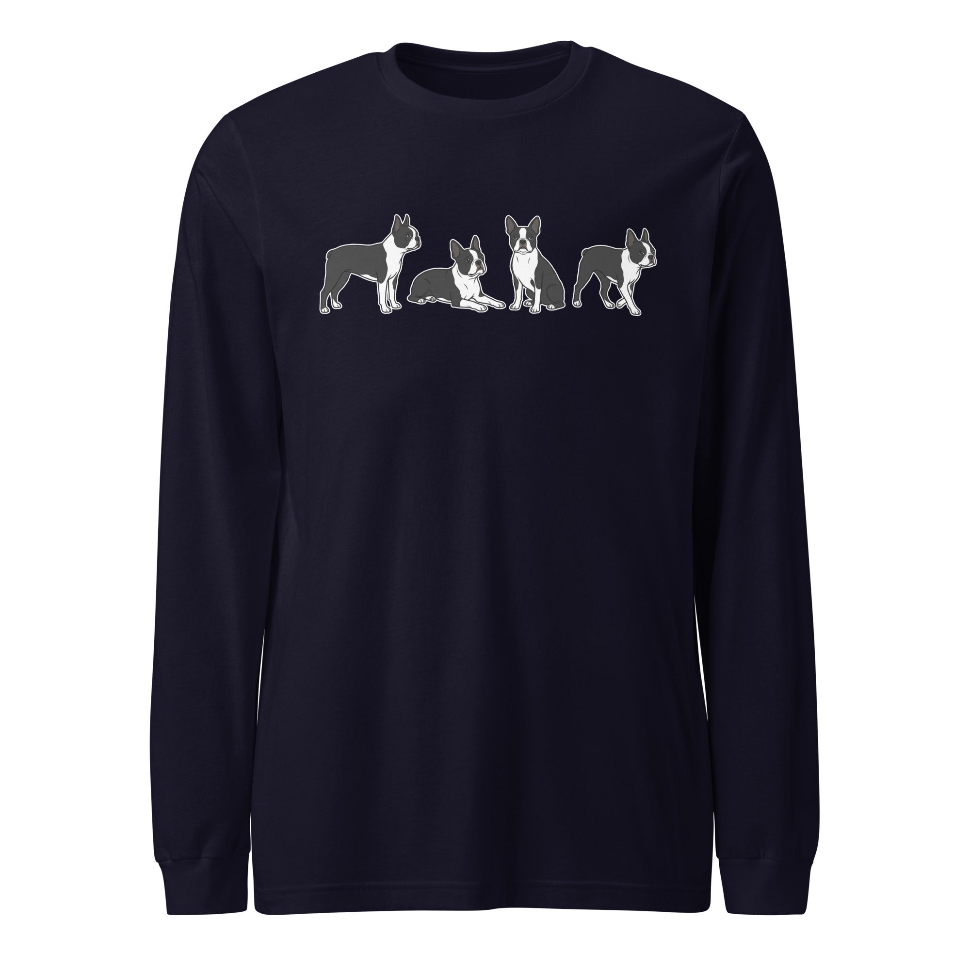 4 Boston Terrier Poses Unisex Long Sleeve Tee . Navy