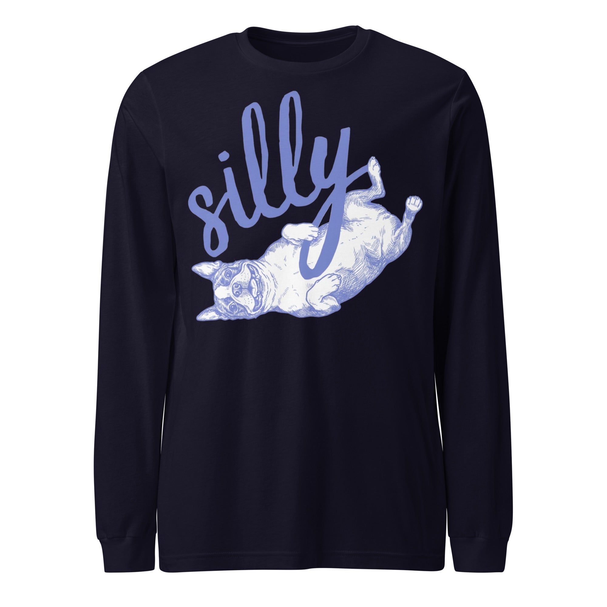 Silly Boston Terrier Dog Upside Down Unisex Long Sleeve Tee . Navy