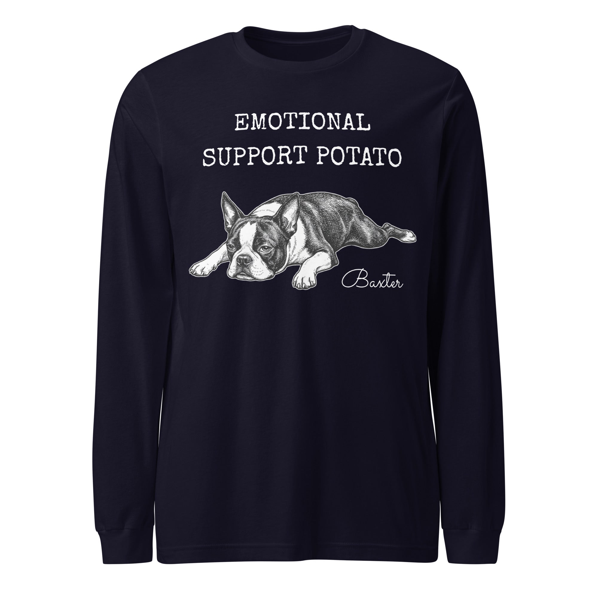 Emotional Support Potato Boston Terrier Dog Unisex Long Sleeve Tee . Navy