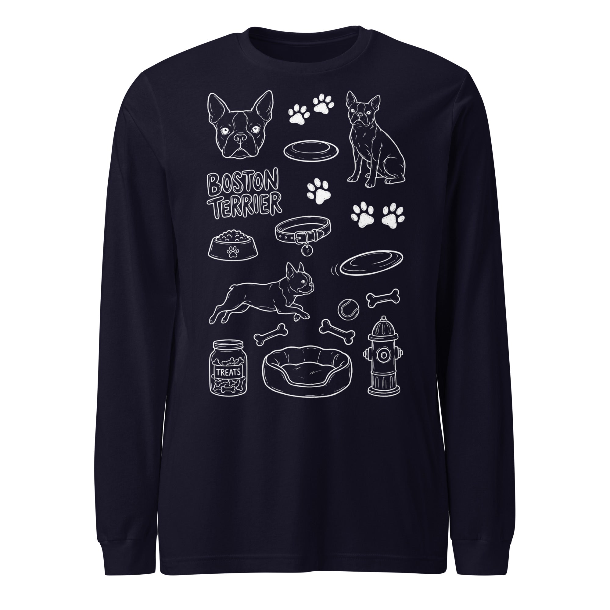 Boston Terrier Doodle Dog Lover Unisex Long Sleeve Tee . Navy