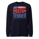 Boston Terrier American Flag Unisex Long Sleeve Shirt – 4th of July Patriotic Dog Tee | USA 250th Birthday Shirt . Navy