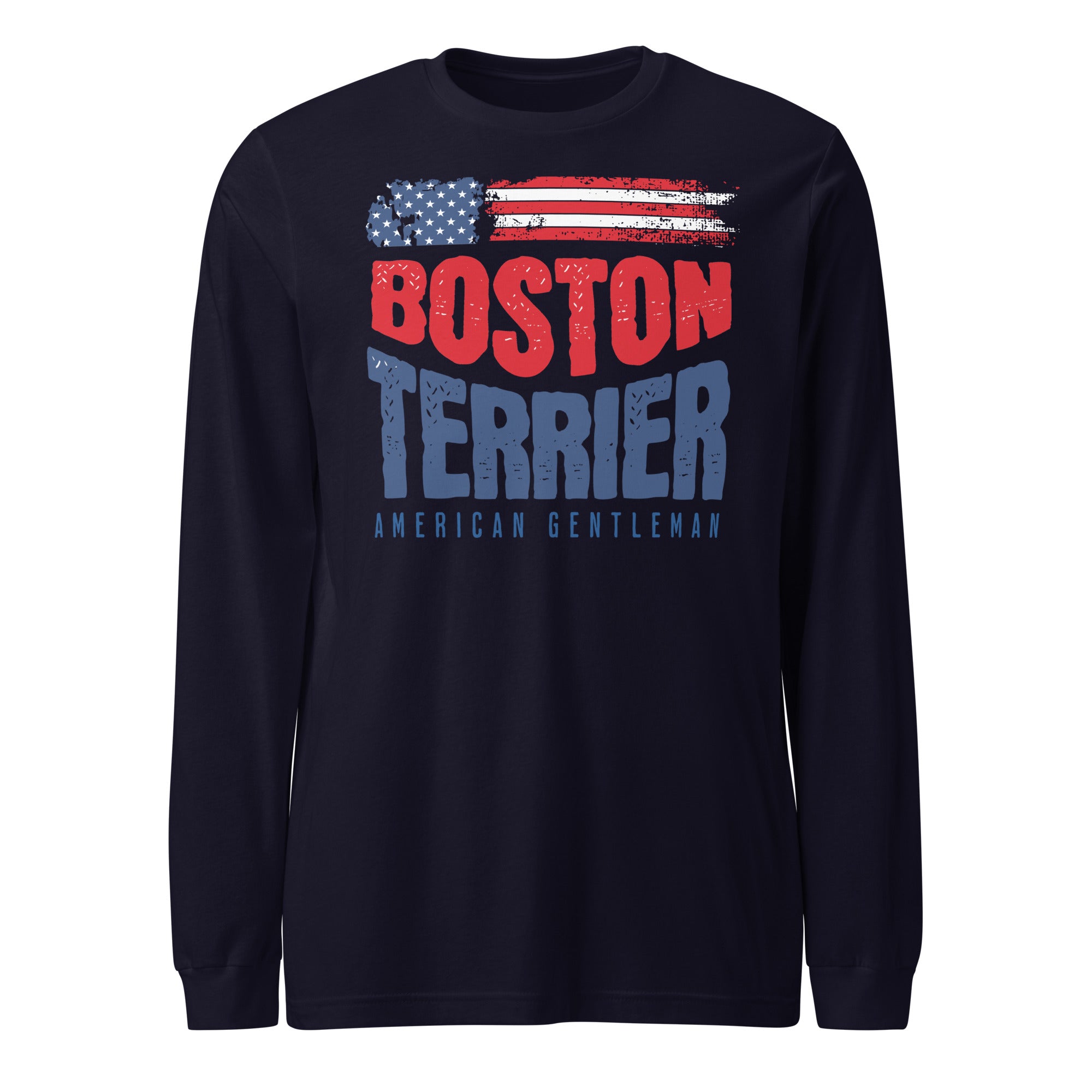 Boston Terrier American Flag Unisex Long Sleeve Shirt – 4th of July Patriotic Dog Tee | USA 250th Birthday Shirt . Navy