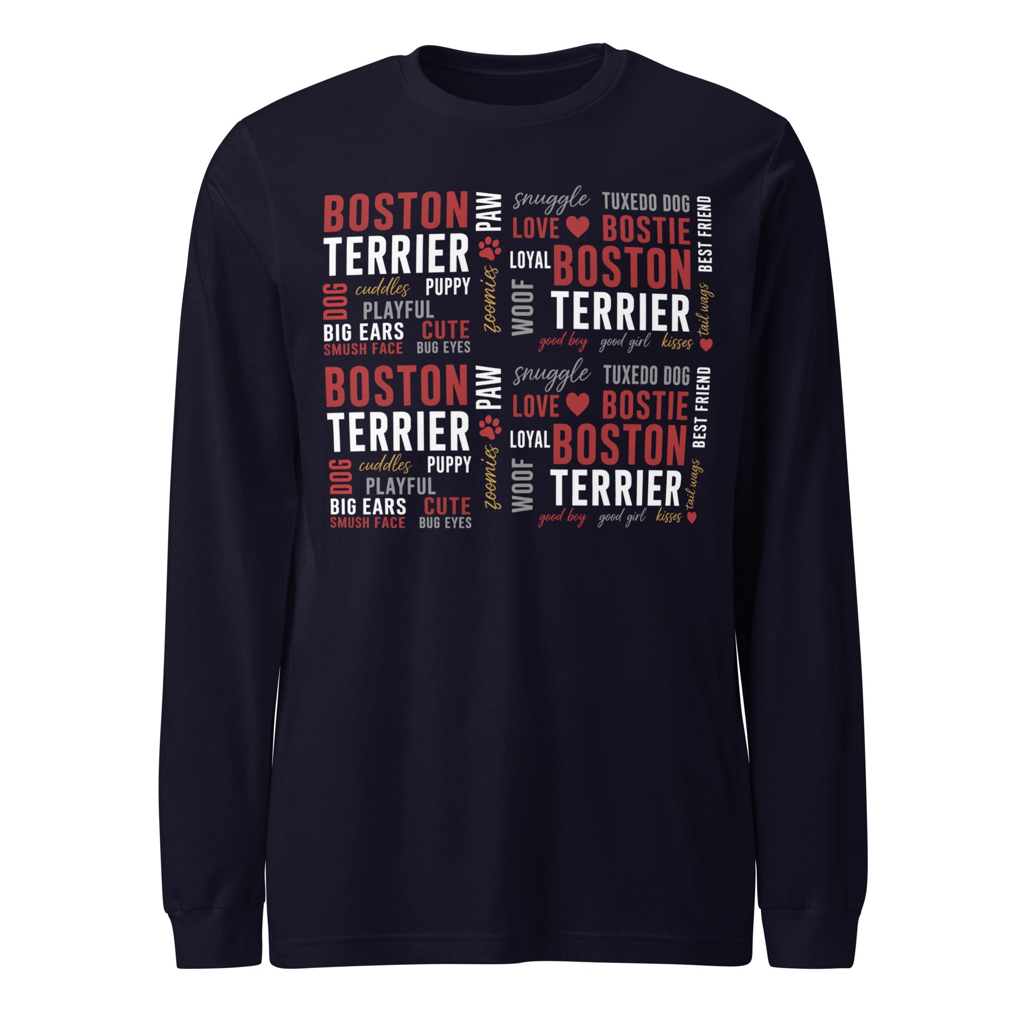 Boston Terrier Word Collage Unisex Long Sleeve Tee – Dog Lover Typography Art . Navy