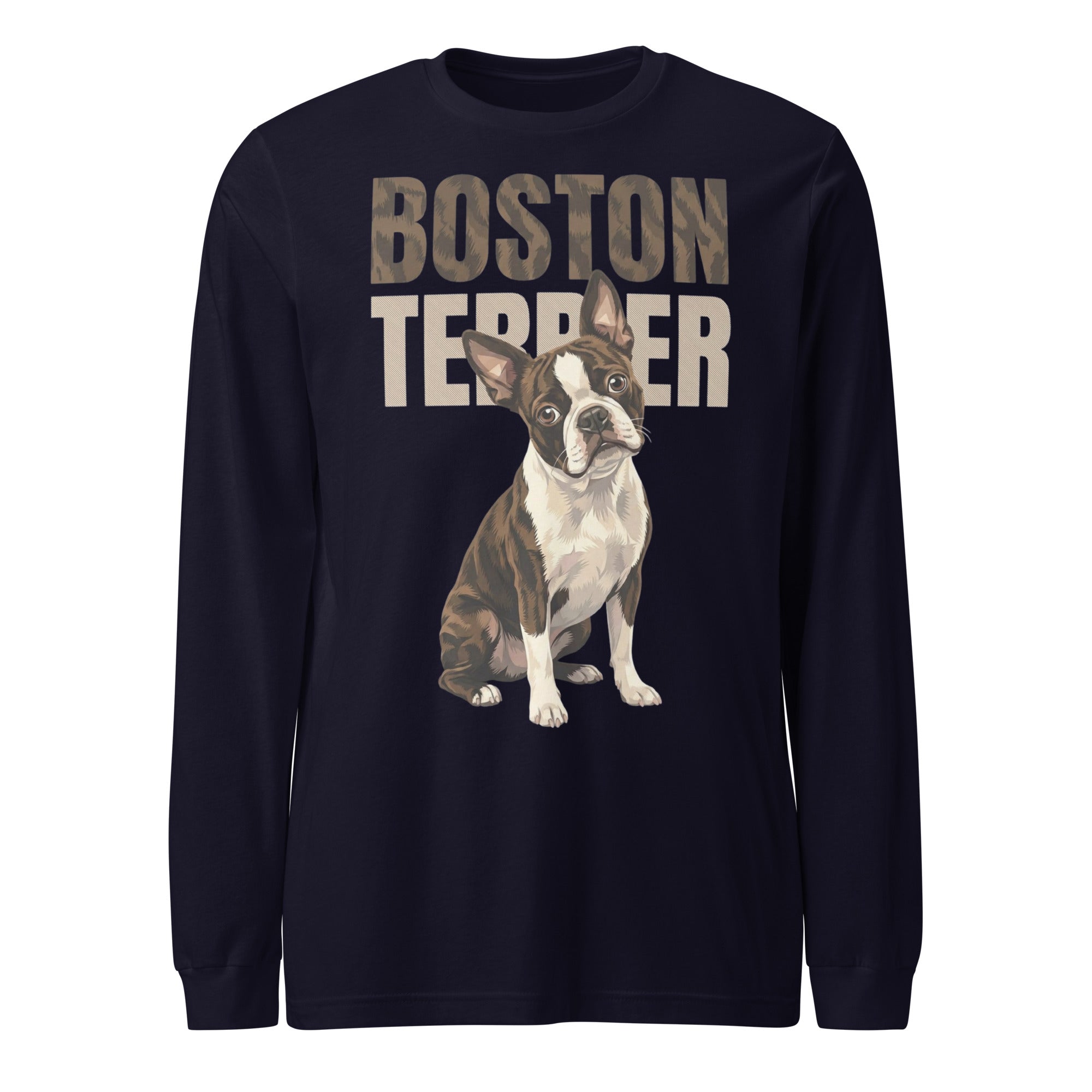 Brindle Boston Terrier Dog Unisex Long Sleeve Tee . Navy